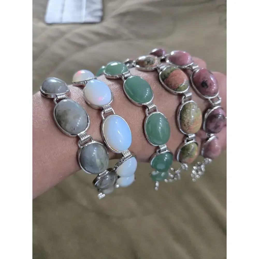 Lot 5 Boho gemstone Costume Stone beaded Bracelets Silvertone adjustable